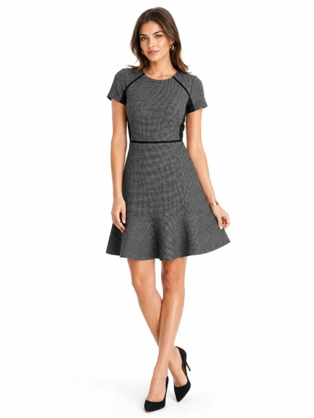 J.Crew Checkered Flutter Dress 00 Wool Tweed Heritage Checks Black Gray Workwear
